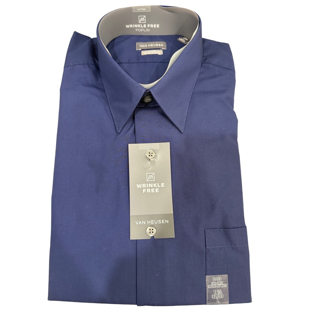 Van Heusen Mens Fitted Wrinkle Free Poplin Dress Shirt Persian Blue 16.5 32/33 L